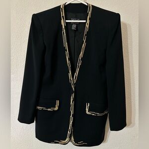 Suzelle Blazer Women Black Acetate/ Polyester Lined Vintage Gold Details Size 10